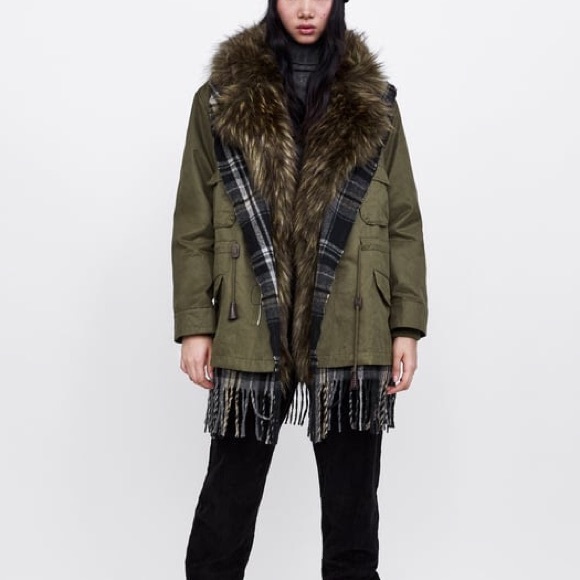 ZARA CONTRAST CHECKED FAUX FUR PARKA COAT JACKET NEW WITH TAGS SIZE XS KHAKI - Picture 10 of 13
